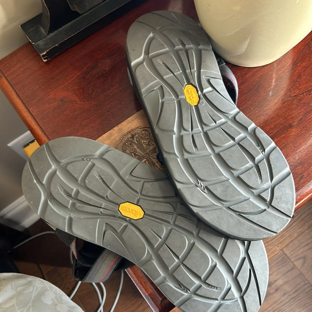 Chaco Black, Gray and Red Sandals.